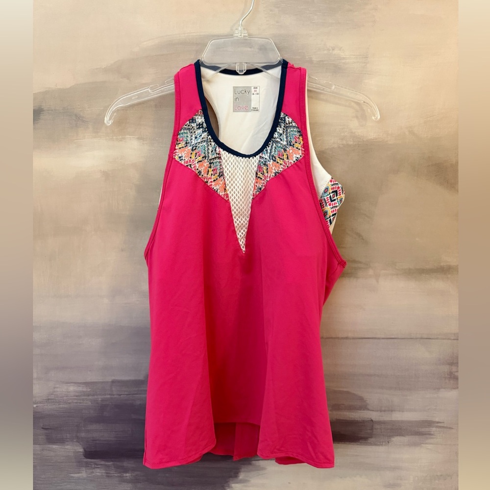 Lucky in Love Pink Mesh Athletic Tank Top with Patterned Neckline Built in Bra